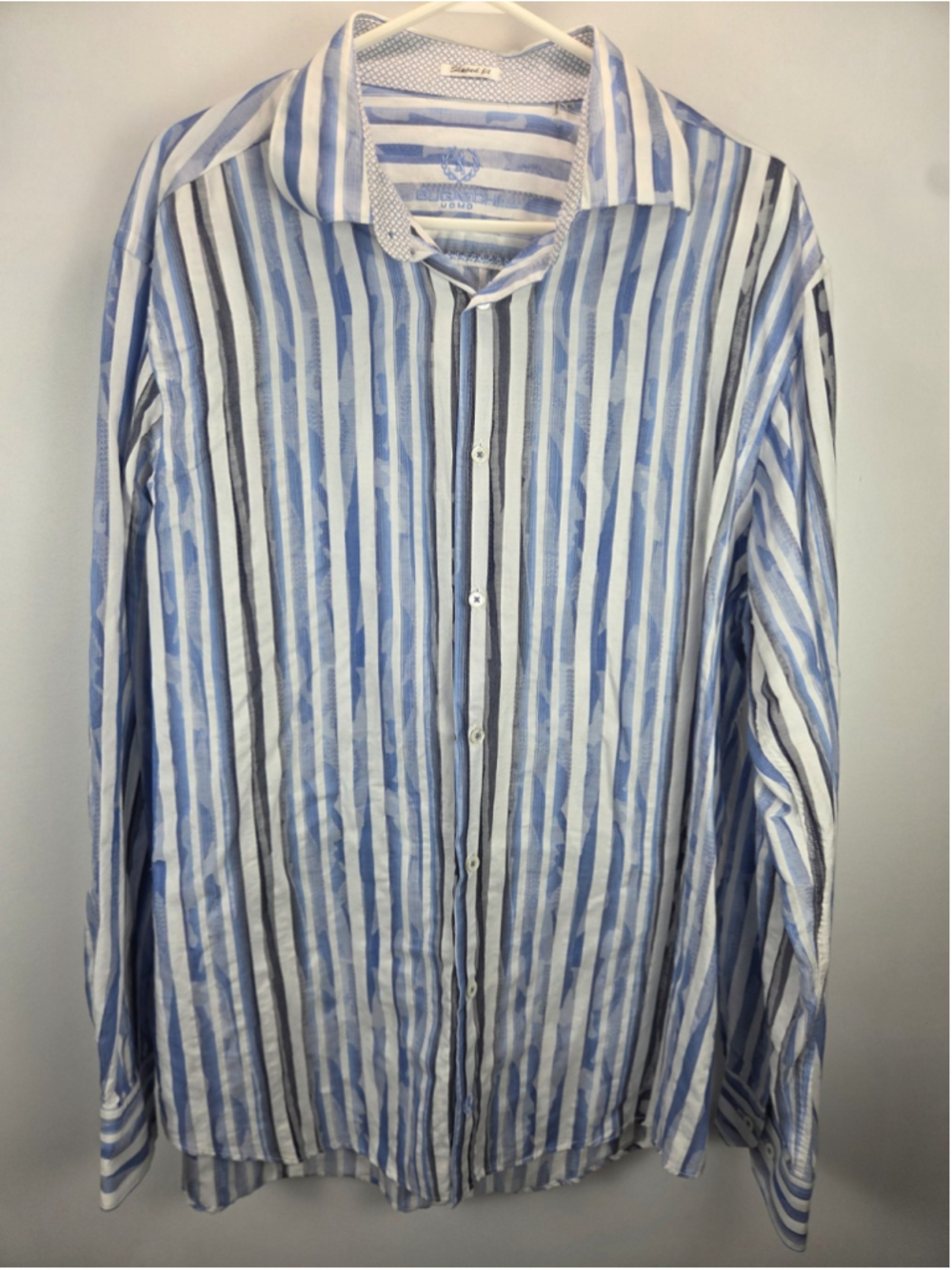 Bugatchi Uomo Shaped Fit White And Blue XL Long Sleeves Men Dress Shirt